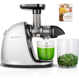 Cold PressJuicer, AMZCHEF Slow Masticating Juicer Machines with Reverse Function, High Juice Yield, Easy Clean with Brush, Recipes for High Nutrient Fruits and Vegetables, White(Updated)