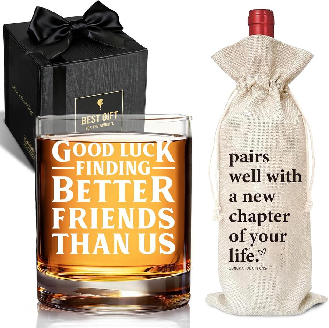Funny Farewell Whiskey Glass Gift Set for Friend, Good Luck Finding Better Friends Than Us whiskey glass-New Chapter bottle Bag, Novelty Going Away Party glass Gift set For Colleague Friends -35