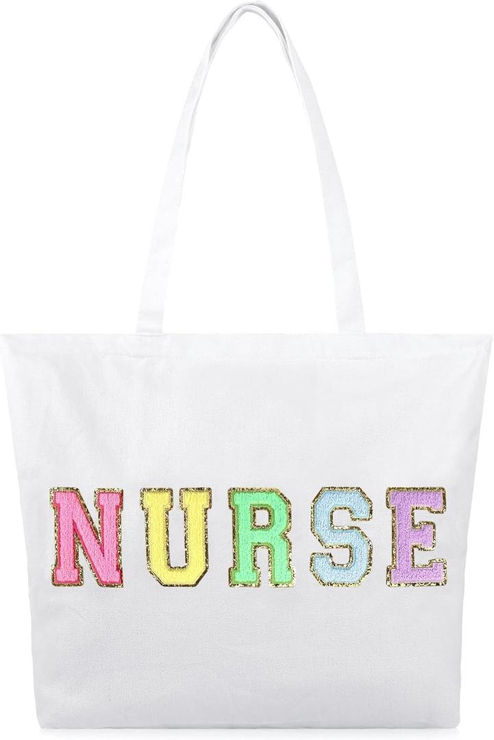 2 x Dripykiaa Nurse Tote Bag Perfect Nurse Gifts for Women, Canvas Nursing Bag with Chenille Letter Patches and Zipper Pocket