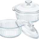 M MCIRCO 4-Piece Glass Casserole Baking Dish, Set of 2 Casseroles With Glass Lids, 1.7 Qt and 2.5 Qt, Round (One Pot Has A Broken Handle)