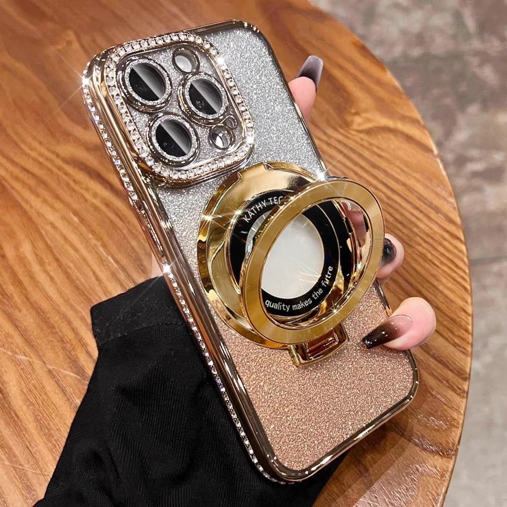 Magnetic Kickstand (Glitter Lens Protector ) Case for iPhone 15 14 13 12 Pro Max (Compatible with Magsafe ) Sparkling Diamond Cover Glitter Shiny Rhinestone Cases (Gold,for iPhone 15 Pro Max)