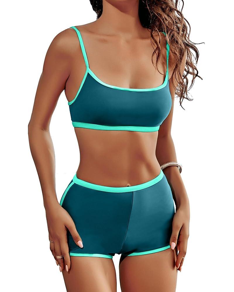 AngiMelo High Waisted Bikini Sets for Women Two Piece Tummy Control Swimsuits Modest Bathing Suit Shorts Swim Suits Teens L