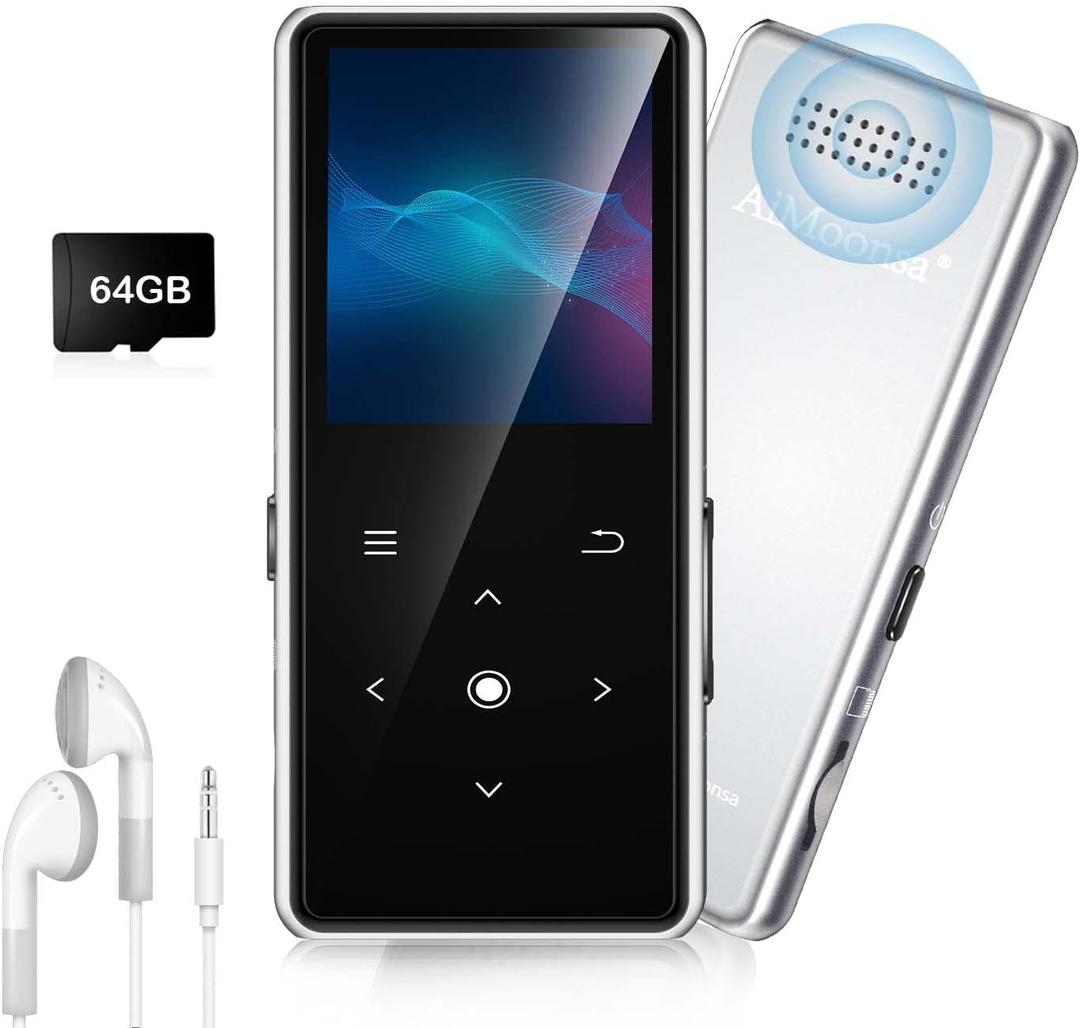 64GB MP3 Player with Bluetooth 5.2, AiMoonsa Music Player with Built-in HD Speaker, FM Radio, Voice Recorder, HiFi Sound, E-Book, Earphones Included, Silver
