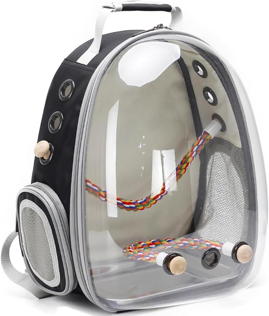 Bird Traval Carrier Cage, Clear Space Capsule Astronaut Backpack to Carry Parakeet Cockatiel Parrot with Metal Tray Wood Perch, Vet Transport School Bag (Black)