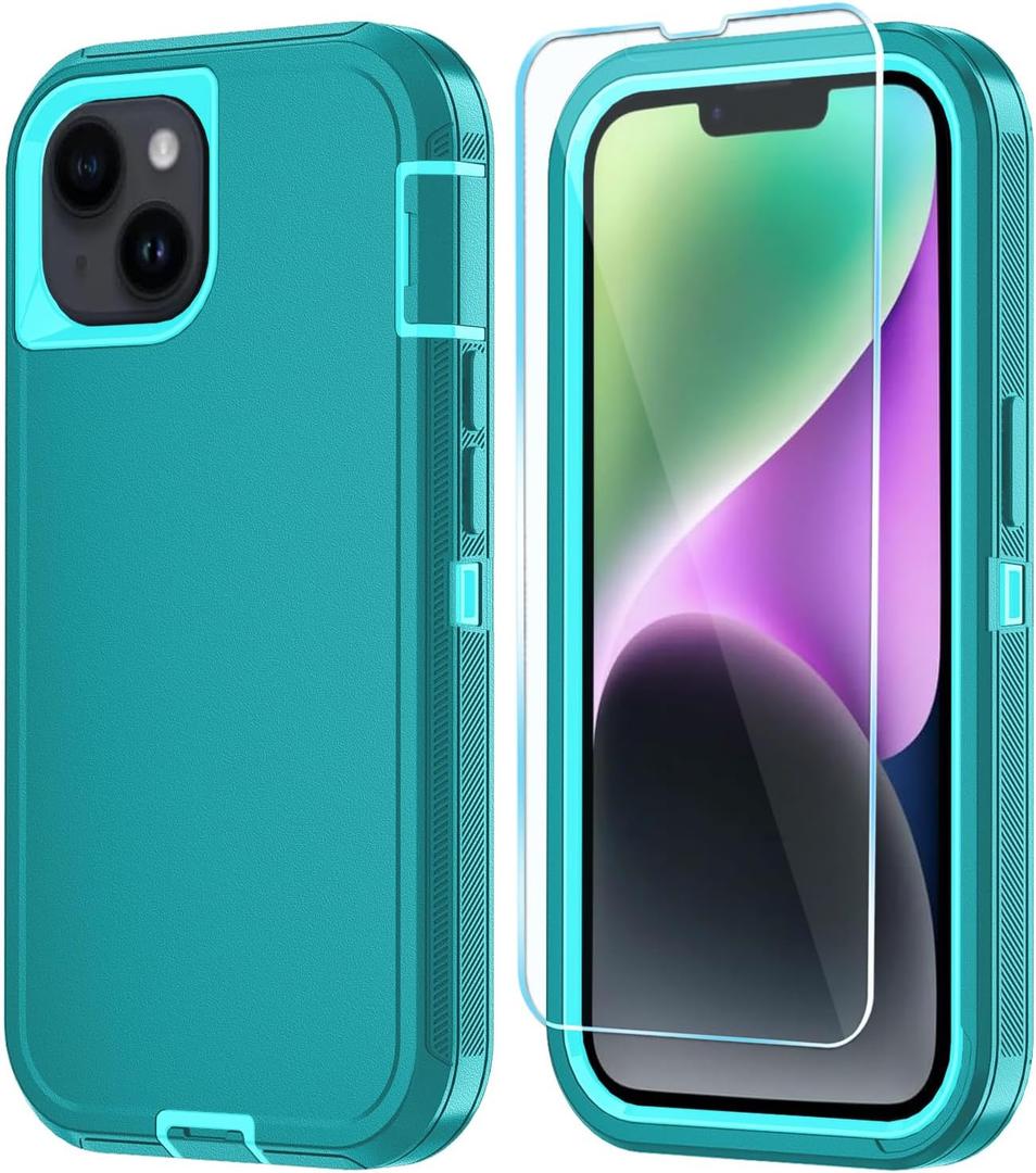 Phone Case for iPhone 14 Plus Case with HD Screen Protector, Heavy Duty Shockproof & DustProof & Dropproof 3-Layer Cover Phone Case for iPhone 14 Plus (6.7'')(LakeSkyBlue)