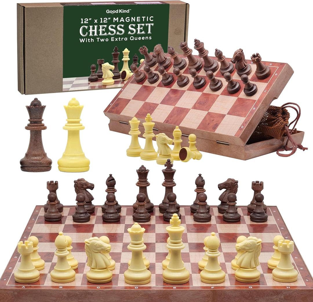 Magnetic Travel Chess Set for Kids and Adults. Portable 12" x 12" Chess Board Game for Beginner & Advance Players. Chess Sets for Adults with 2 Extra Queens & 2 Storage Bags for Chess Pieces.