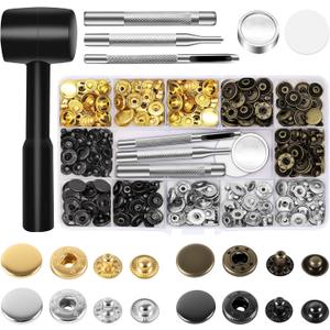 Alritz 15mm Leather Snap Button Kits with Hammer Punch Spacer, 90 Sets Metal Snaps Press Studs with 4 Setter Tools for Thin Clothes, Jackets, Jeans Wears, Bracelets, Bags
