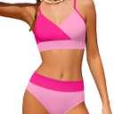 Girls Swimsuit V Neck Bikini Set Color Block with Cover Up 3Pcs Bathing Suits (Pink, 13-14Y)