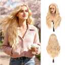 GUOJIAN Long Wave Wig 26inch Mixed Blonde 13x5x1 HD Lace Front Synthetic Wavy Wigs For Women Heat Resistant Curly Wig for Cosplay Halloween Daily Use