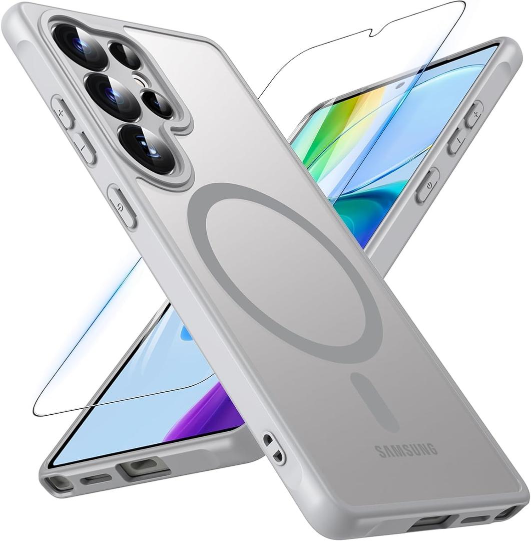 OWKEY for Samsung Galaxy S25 Ultra Case 6.86'', Magnetic S25 Ultra Case for Magsafe with Tempered Glass Screen, [Shockproof Military] Translucent Back Bumper Cover Phone Case Galaxy S25 Ultra, Gray