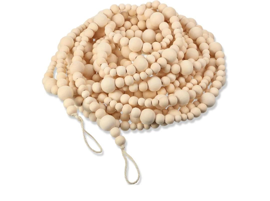 Christmas Wood Bead Garland Rustic Christmas Wooden Beads Decorative Tree Wooden Beaded Garland Decor Farmhouse Boho Ornaments for Xmas Decoration Supplies(Wood Color)
