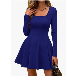 BTFBM Square Neck Dress for Women Casual Spring Long Sleeve Knit Pleated Elegant Classy 2026 Fall Cocktail Mini Dresses M