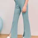 Haloumoning Girls Kids Elastic Waist Ribbed Flare Split Bottom Pants Stretch Casual Long Pants(5-14Y) (Blue)