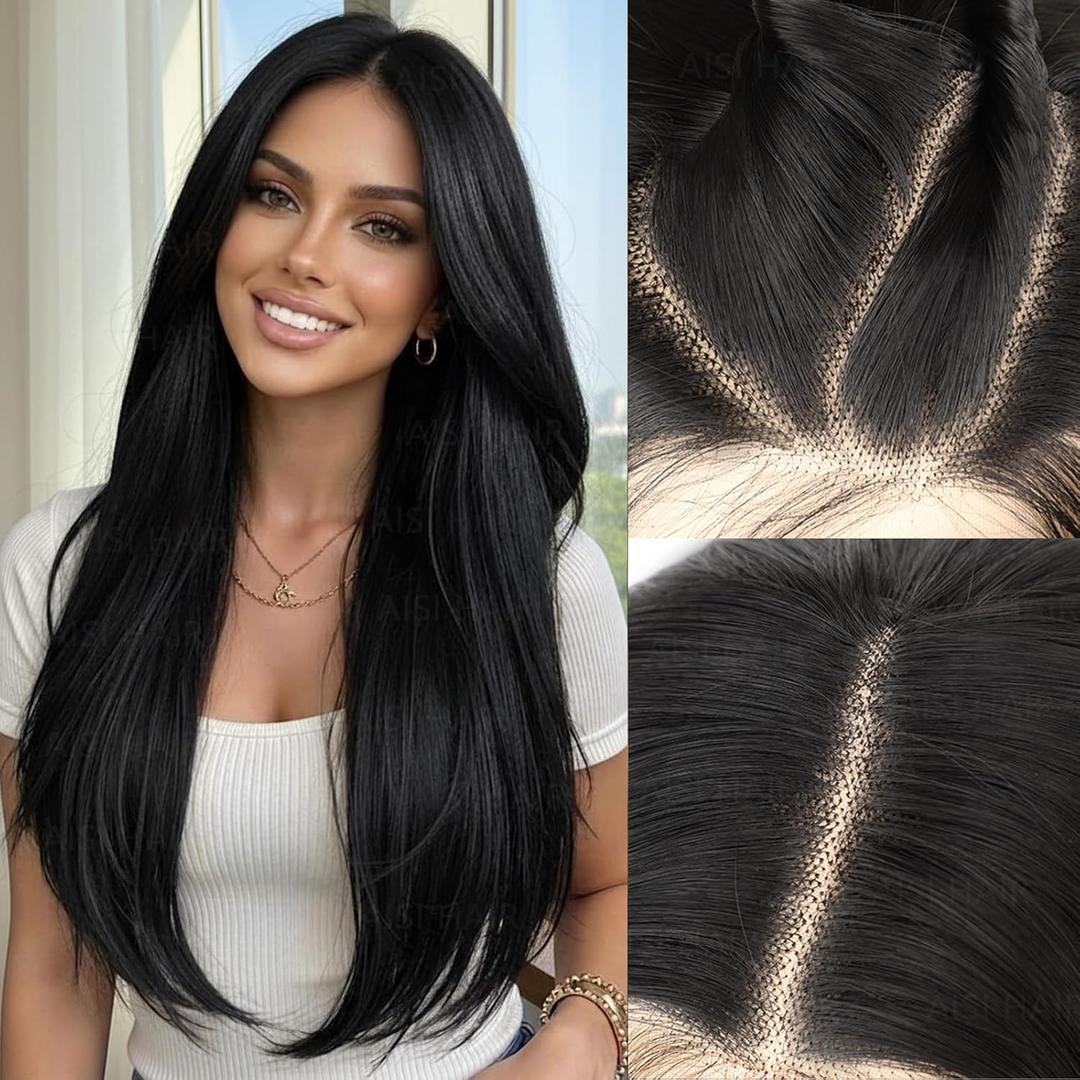 AISI HAIR Straight Lace Front Wig Pre Plucked With Baby Hair 13x4 HD Glueless Synthetic Black Wigs for Women 28inch Beginner Friendly