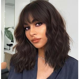 AISI HAIR Natural Brown Synthetic Curly Wavy Bob Wig with Bangs for Women, 21-23 Inches