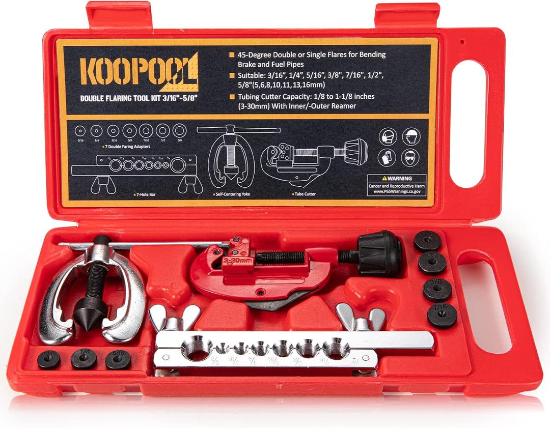 KOOPOOL Double & Single Flaring Tool Kit for Brake Line HVAC System with Tube Cutter Extra 7 Adapters,Brass Copper Pipe 45 Degrees Flaring Tool