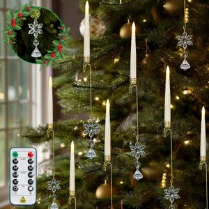 16 PCS Christmas Tree Candle Lights with Acrylic Snowflakes + Diamonds Flameless LED Taper Candles with Remote for Xmas Party Decor (16pcs,Ivory)