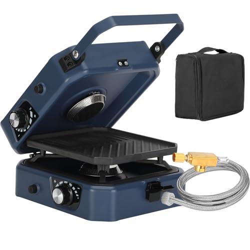 Upgraded 2 Burner Propane Stove Compatible with Propane Cylinders, 2 Burner Camp Stove with Griddle and 16000 BTU Adjustable Burners, Portable Camping Stove Propane with Carry Bag & Handle for Camping