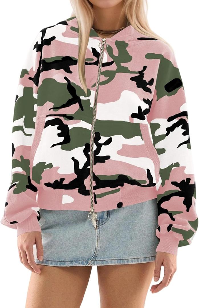 Camo Hoodie Womens Zip Up Hoodies Oversized Hooded Sweatshirt Fleece Long Sleeve Jacket (Small)