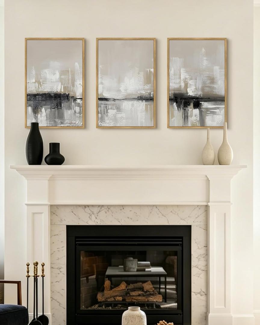 KUVIOKE Abstract Gray Framed Wall Art Neutral Brown Artwork Painting Morden Minimalist Wall Decor Rustic Home Decor 16x24in (Natural Framed)
