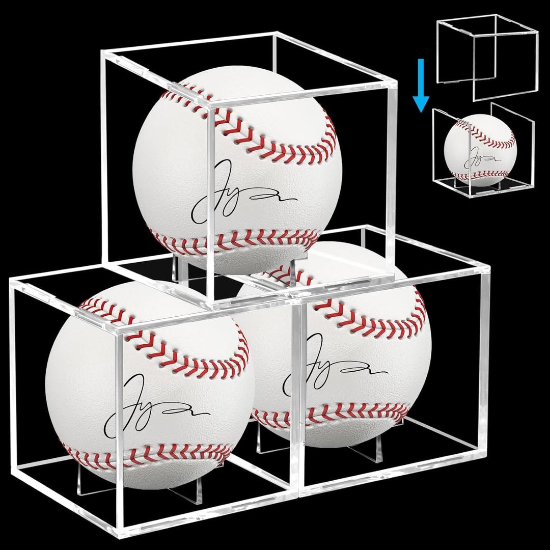 Baseball Display Case, UV Protected Baseball Holder Display Case for Official Size Balls, 2Pcs, Clear Acrylic Memorabilia Autograph Square Cube (3 pcs)