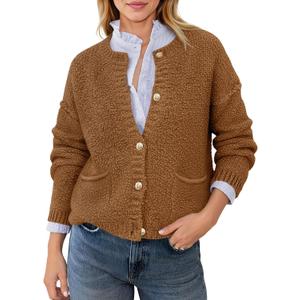 Saodimallsu Women's Chunky Knit Cardigan Button Down Crewneck Long Sleeve Cropped Sweater with Pockets