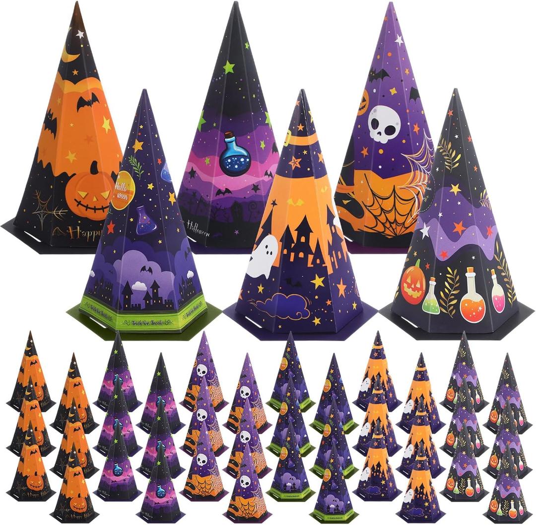 Ctosree 36 Pcs Halloween Treat Boxes Cone Halloween Boo Candy Box Bulk Pumpkin Ghost 6 Patterns Goodie Cookies Snack Boxes for Kid Trick or Treat School Party Favor Supplies Decoration (Spooky)