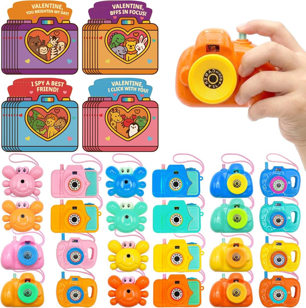 Valentines Day Cards for Kids School – 28 Pack Kids Viewfinder Toy Cameras with Greeting Cards, Classroom Exchange Valentine Gifts for Boys and Girls, Cards + Toys Bulk Set for School Valentine Party