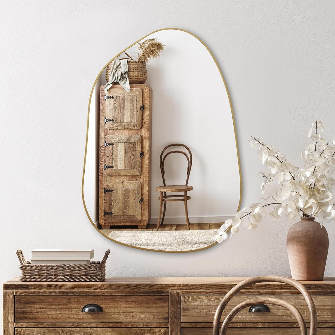 PERFNIQUE Irregular Wall Mirror Asymmetrical Mirror, 27''x19'' Golden Wood Framed Mirror for Bathroom Bedroom Living Room Entryway, Decorative Modern Wall Decor, Wall Mounted Mirror (Gold, 27''x19'')  