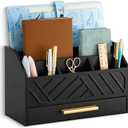 Black Wood Desk Organizer and Accessories with Drawer, Bill Mail Organizer and File Mail Holder for Office Supplies, Modern Desk Accessories & Workspace Organizers for Desk Organization