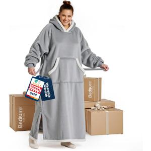 Bedsure Wearable Blanket Hoodie, Long Hooded Blanket Sweatshirt as Christmas Birthday Gifts for Women, Cozy Sherpa Hoodie for Adult, Standard, Grey