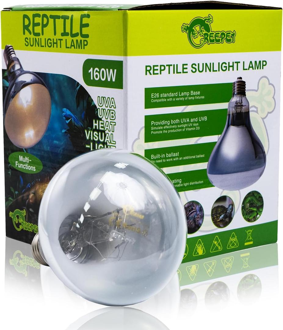 160W Heat UVA UVB Reptile Light, Full Spectrum Self-Ballasted Vapor Basking Sunlight Bulb for Reptile and Amphibian Use E26 1 Pack