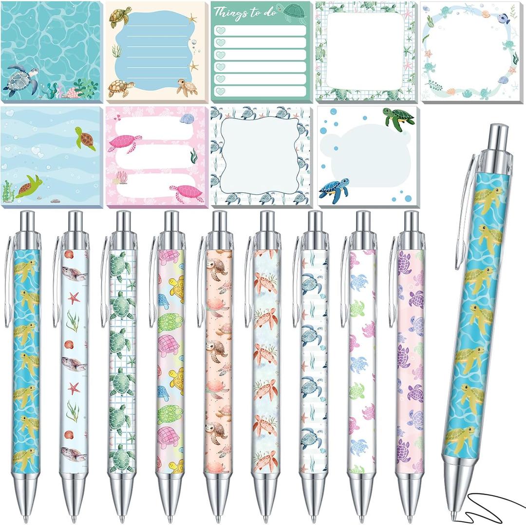 18 Pcs Turtle Desk Accessories, 9 Pads Cute Sticky Notes, 9 Kawaii Pens, 3 x 3 Inches Notepads Memo Pad for Office Supplies Meeting Students School Decor Teacher Gifts