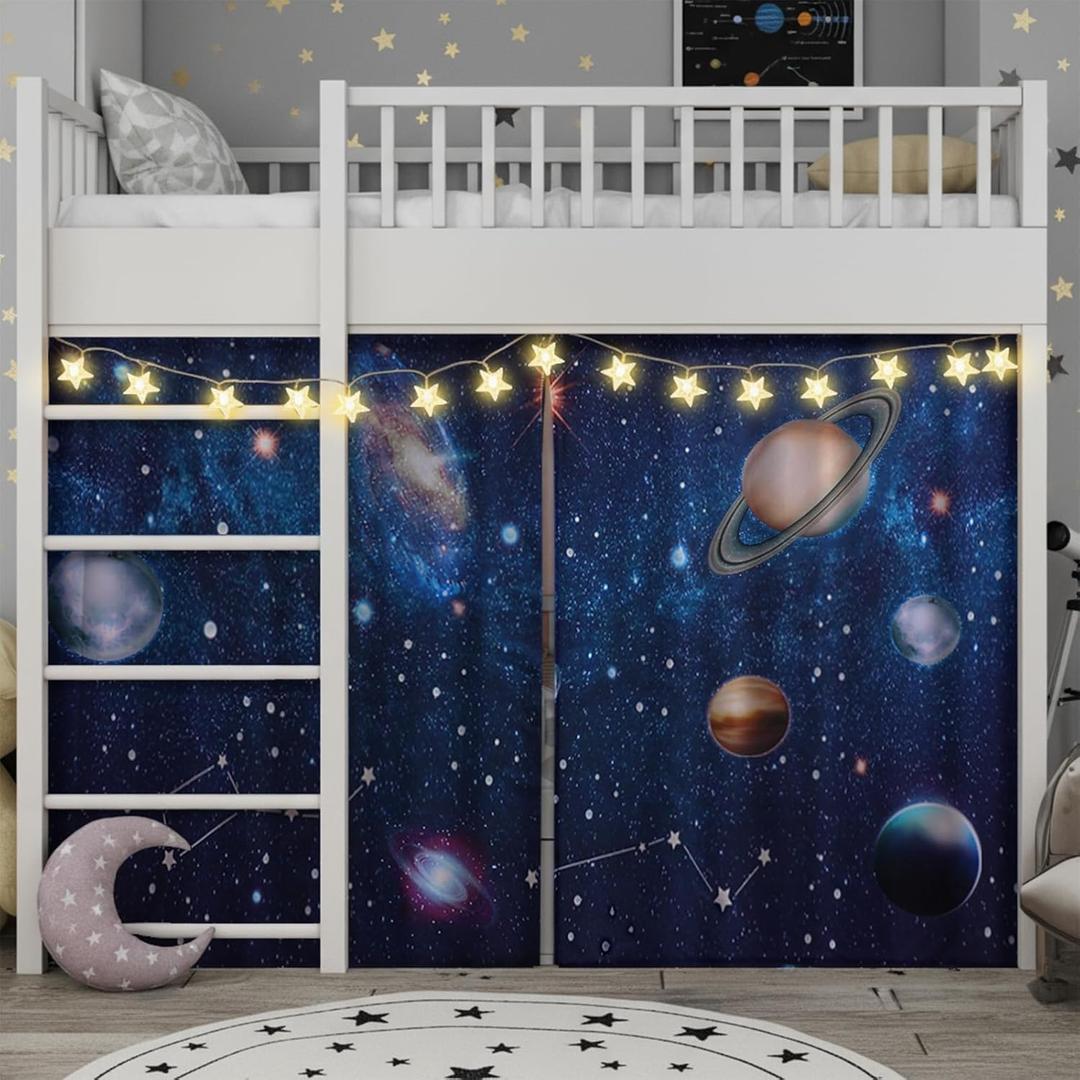 Frienda Galaxy Loft Bed Tent Curtain Set 75 x 36 x 41.5 Inches Space Bunk Bed Tent with String Light Galaxy Blackout Curtains Decoration for Home Bedroom Dorm Privacy Protection Decoration