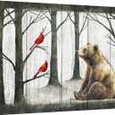 iKNOW FOTO Woodland Animal Nursery Canvas Wall Art Bear and Northern Cardinals Tree Watercolor Painting Forest Wildlife Poster for Boys and Girls Room Rustic Modern Home Decor 16x24 Ready to Hang