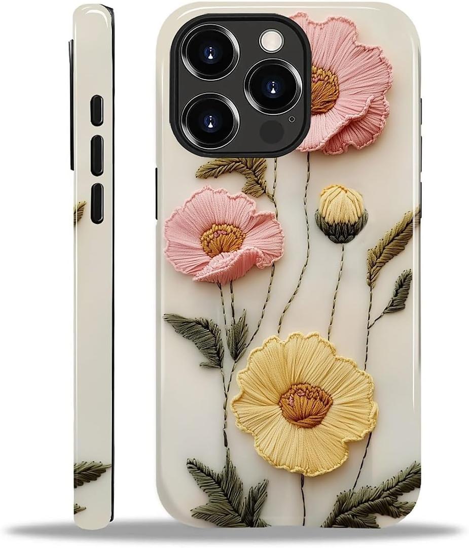 Case for iPhone 13 Pro Max Case,Faux Embroidery Boho Floral Design - Hybrid Dual Protection Silicone + Hard PC Shockproof Full Body Cover Slim Anti-Scratch Protective Case for Men Women