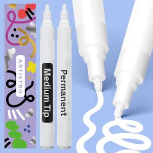 ARTISTRO 2 White Permanent Marker - Waterproof Markers for Tire, Fabric, Rocks, Glass, Ceramic, Wood, Paper - Oil Based Paint Pens - Medium Tip 3mm