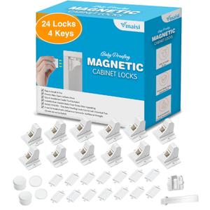 Vmaisi Adhesive Magnetic Locks for Cabinets & Drawers (24 Pack and 4 Keys + Cradle)