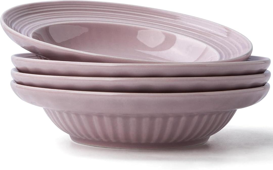 Wide Rim Soup Bowls, 11oz Small Capacity Rimmed Pasta Bowls Set of 4, 8 Inch Ceramic Salad Bowl, Shallow Plates, Elegant Dinner Cereal Serving - Microwave Dishwasher Oven Safe - Purple