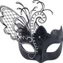 Ubauta Various Butterfly Rhinestone Metal Venetian Women Mask for Masquerade/Mardi Gras Party/Sexy Costume Ball/Wedding (Black With Silver Sequins)