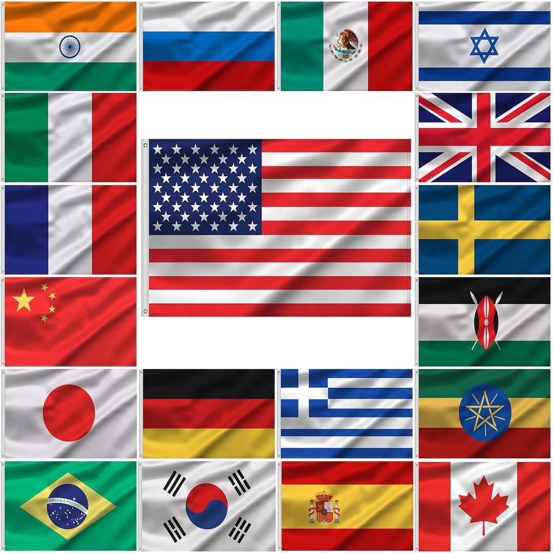 Peryiter International 3x5 Flag Set of 20 Country Countries Flags Banner with Grommet for International Events Conference Classroom Party Decorations