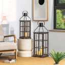 Glitzhome Decorative Candle Lanterns, Set of 2 Farmhouse Oversized Wooden Lanterns Decor Black Lanterns for Porch, Patio, Garden, Balcony, Wedding, Table Centerpiece Decorations(No Glass)