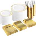 bUCLA 600Pcs Gold Dinnerware Set for 100 Guests - White and Gold Plastic Plates Disposable for party Include 100 Dinner & 100 Dessert Plates,100 Cups,100 Forks,100 Spoons,100 Knives