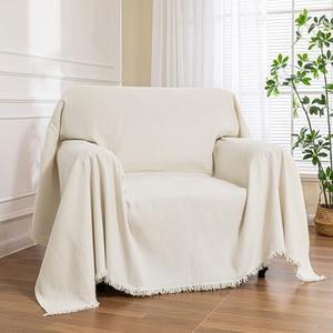 MEETSKY Small Couch Cover Oversized Chair Cover Washable Armchair Sofa Cover for Dog, Couch Protector for Sofa Single Cover, Sofa Throw Cover with Tassel, 71" x 91", Beige