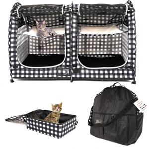 Mispace Portable Twin Compartment Show House Cat Cage/Condo - Easy to Fold & Carry Kennel - Comfy Puppy Home & Dog Travel Crate with Carry Bag/Two Hammocks/Mats and Collapsible Litter Box (Black & White)