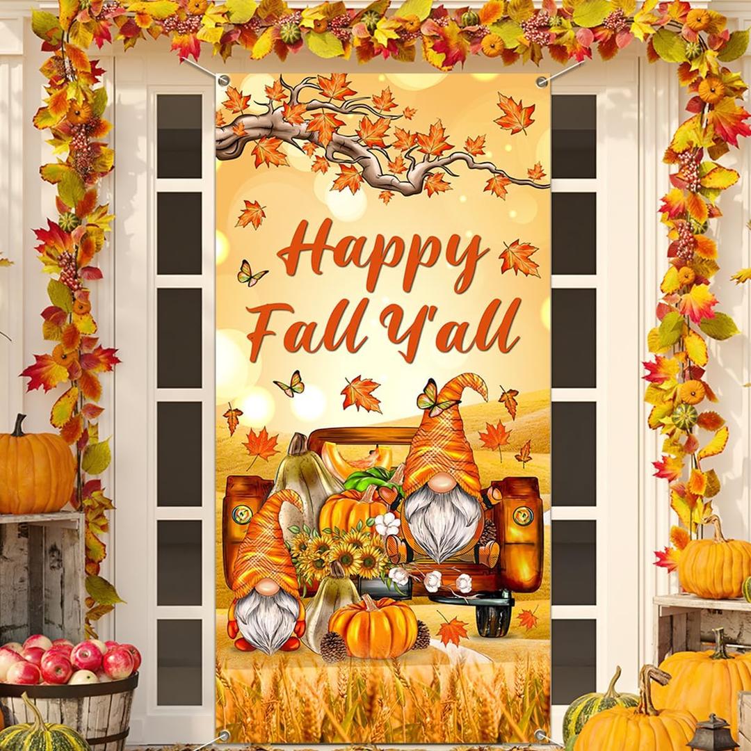 Fall Decorations - Happy Fall Y'all Door Cover Autumn Thanksgiving Door Banner Thanksgiving Dwarf Pumpkin Banner Photo Background for Autumn Harvest Party Supplies