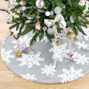 48 Inch Faux Fur Christmas Tree Skirt Large Snowflakes Tree Skirt Decoration for Xmas Party Home (Gray)