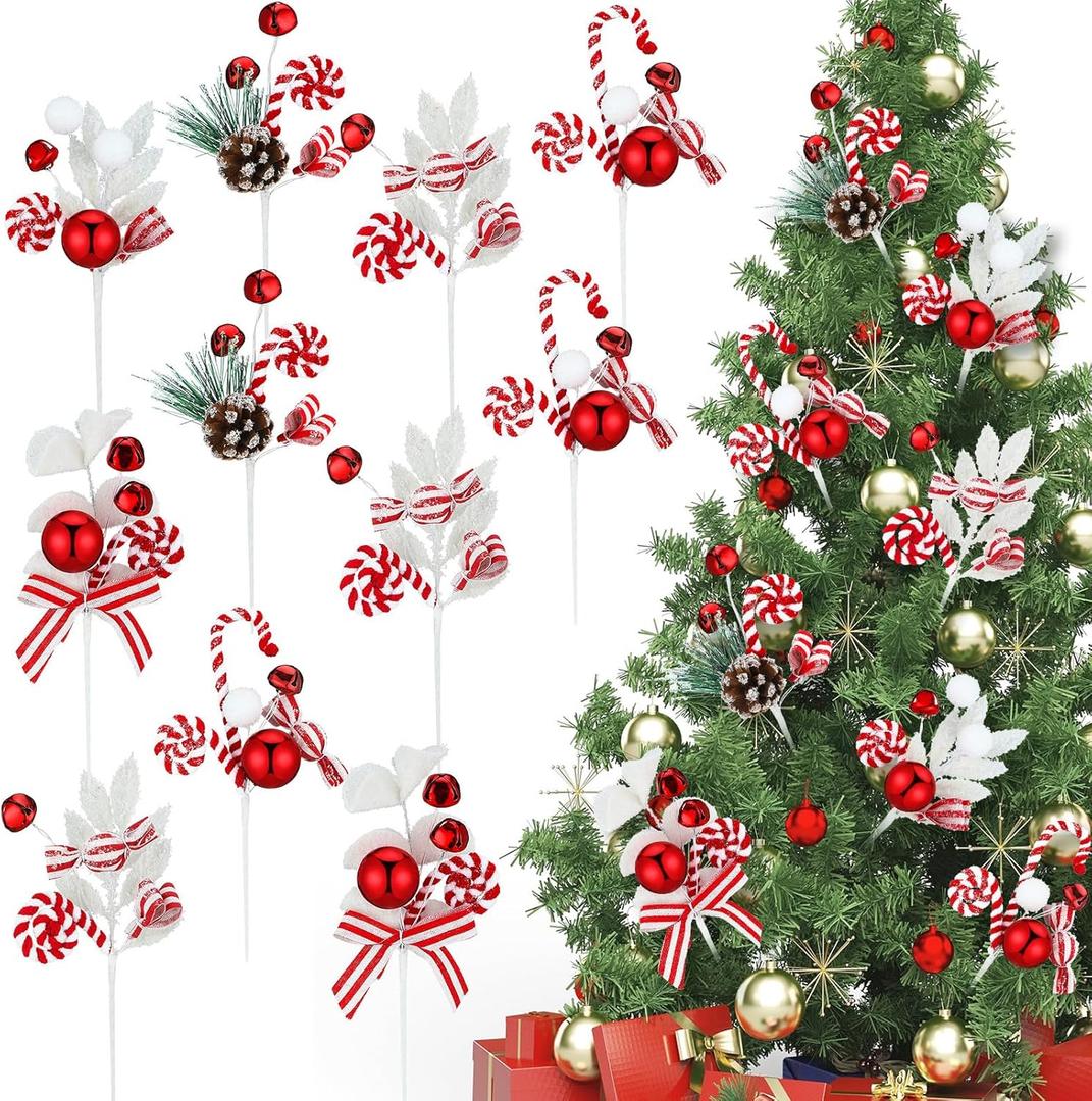 20 Pcs Christmas Red and White Picks 10'' Peppermint Christmas Decorations Curly Candy Cane Picks Ornaments Vintage Pick with Bells Jingle Candies on Sticks for Xmas Vase Filler Tree Wreath