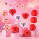 Red Paper Lanterns and Heart Hanging Fans Set, 6pcs Chinese Round Lanterns with 6pcs Heart Shaped Paper Fans & Banner for Wedding Bridal Shower Birthday Romantic Party Decorations