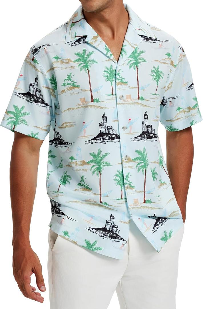 Vytroon Men's Hawaiian Shirts Wrinkle Free Short Sleeve Button Down Tropical Beach Vacation Shirt Mint- Tree & Tower, X-Large 